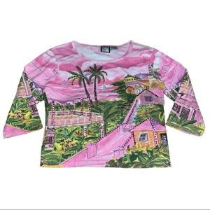 Vintage Sunset Beach Print 3/4 Sleeve T-Shirt
